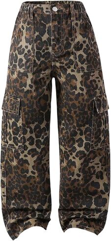 Milumia Girl's Bottom Leopard Print Baggy Cargo Jeans Straight Wide Leg Denim Pants with Pockets in Saudi Arabia