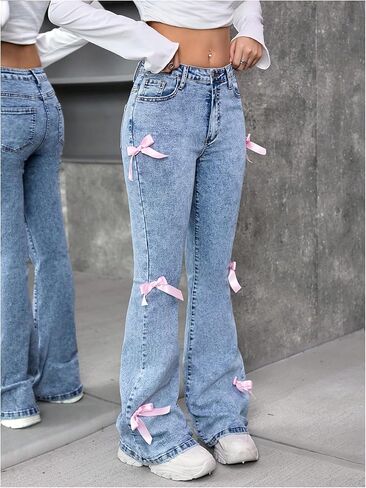 SOLY HUX Girl's Bow Flare Jeans Skinny High Waisted Stretchy Cute Denim Pants in Saudi Arabia