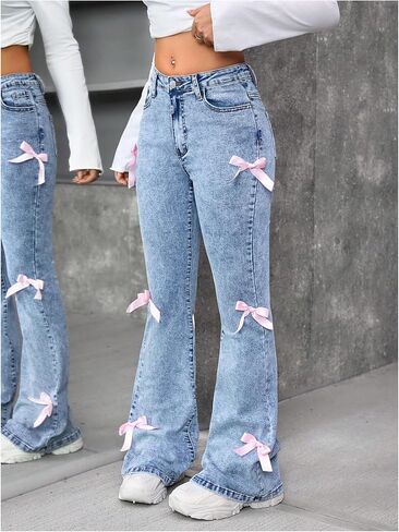 SOLY HUX Girl's Bow Flare Jeans Skinny High Waisted Stretchy Cute Denim Pants in Saudi Arabia
