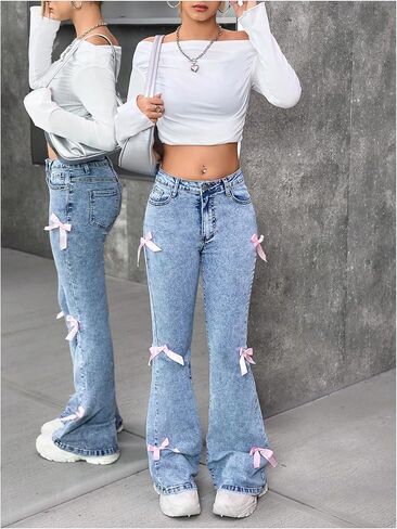 SOLY HUX Girl's Bow Flare Jeans Skinny High Waisted Stretchy Cute Denim Pants in Saudi Arabia
