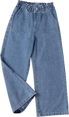 OYOANGLE Girl's Wide Leg Denim Jeans Elastic Waist Button Front Baggy Pants with Pockets in Saudi Arabia