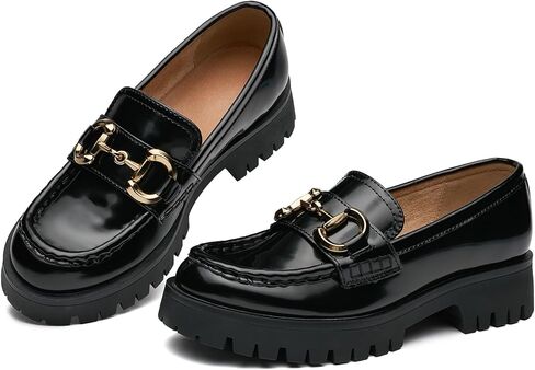 Women's Chunky Heel Penny Loafers Shoes, Patent Leather Lug Sole Formal Work Shoes Comfort Platform Business Loafer in Saudi Arabia