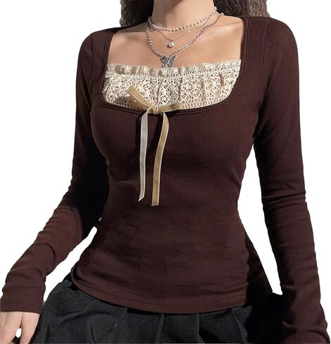 Women Knitted Tops Lace Stitching Knitwear Casual Long Sleeve Slim-Fit Pullover Streetwear in Saudi Arabia