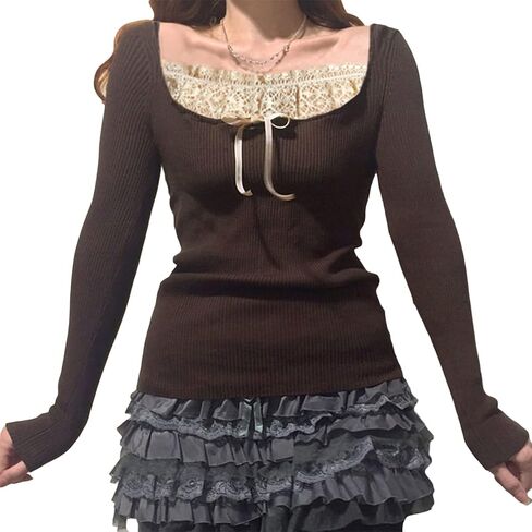 Women Knitted Tops Lace Stitching Knitwear Casual Long Sleeve Slim-Fit Pullover Streetwear in Saudi Arabia