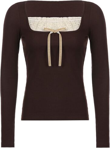 Women Knitted Tops Lace Stitching Knitwear Casual Long Sleeve Slim-Fit Pullover Streetwear in Saudi Arabia