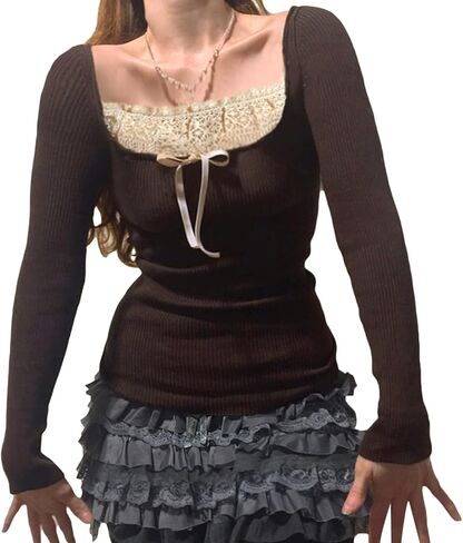 Women Knitted Tops Lace Stitching Knitwear Casual Long Sleeve Slim-Fit Pullover Streetwear in Saudi Arabia
