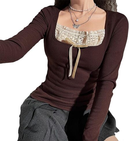 Women Knitted Tops Lace Stitching Knitwear Casual Long Sleeve Slim-Fit Pullover Streetwear in Saudi Arabia