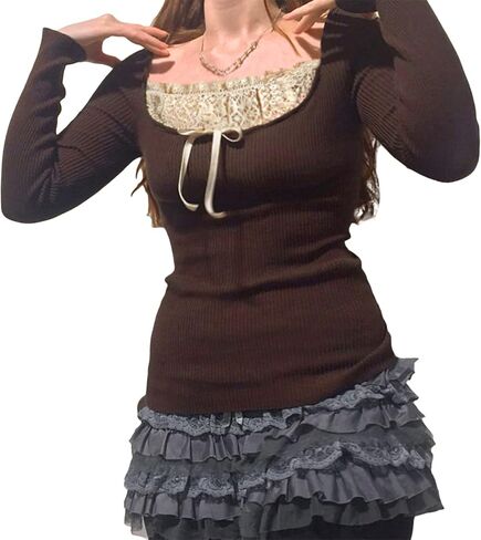 Women Knitted Tops Lace Stitching Knitwear Casual Long Sleeve Slim-Fit Pullover Streetwear in Saudi Arabia
