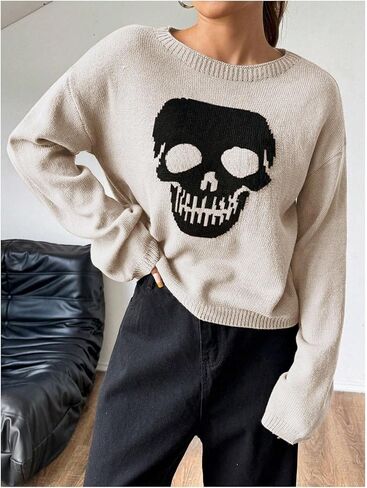 SweatyRocks Women's Halloween Skull Sweaters Long Sleeve Crewneck Pullovers Trendy Knit Tops in Saudi Arabia