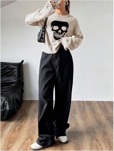 SweatyRocks Women's Halloween Skull Sweaters Long Sleeve Crewneck Pullovers Trendy Knit Tops in Saudi Arabia