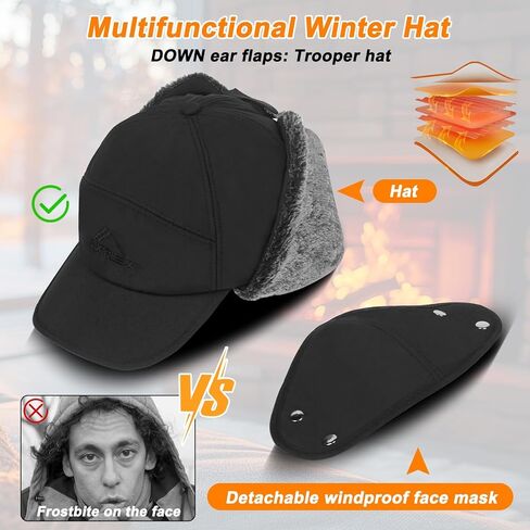 3-in-1 Winter Trapper Hat for Men with Removable Face Mask - Russian Ushanka Style Ski Hunting Hat - Windproof Ear Flap Cap for Cold Weather - Black in Saudi Arabia