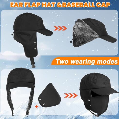 3-in-1 Winter Trapper Hat for Men with Removable Face Mask - Russian Ushanka Style Ski Hunting Hat - Windproof Ear Flap Cap for Cold Weather - Black in Saudi Arabia