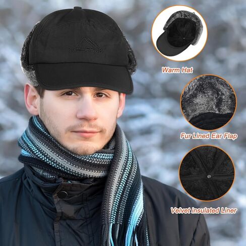 3-in-1 Winter Trapper Hat for Men with Removable Face Mask - Russian Ushanka Style Ski Hunting Hat - Windproof Ear Flap Cap for Cold Weather - Black in Saudi Arabia