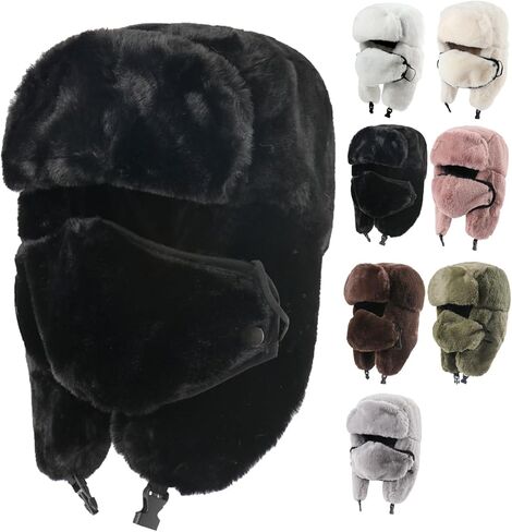 Winter Fur Hat with Removable Face Mask Fuzzy Russian Ushaka Furry Trapper Hat with Ear Flaps for Women Men Skiing Hiking in Saudi Arabia