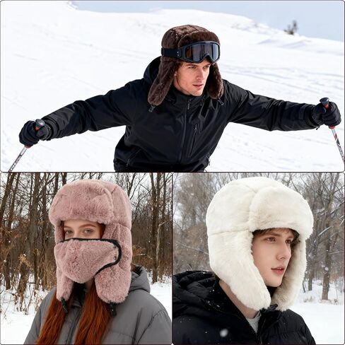 Winter Fur Hat with Removable Face Mask Fuzzy Russian Ushaka Furry Trapper Hat with Ear Flaps for Women Men Skiing Hiking in Saudi Arabia