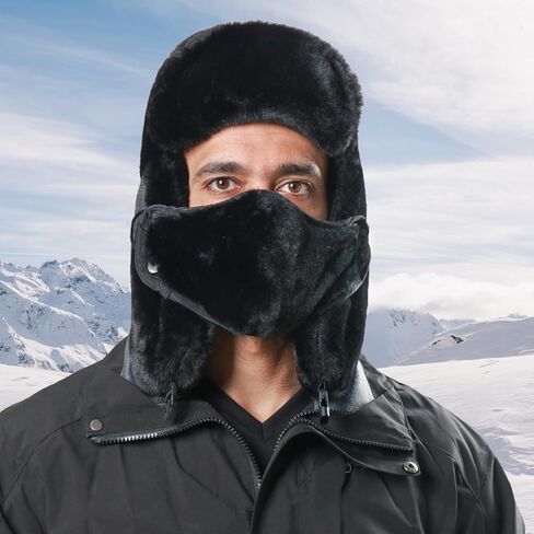 Winter Fur Hat with Removable Face Mask Fuzzy Russian Ushaka Furry Trapper Hat with Ear Flaps for Women Men Skiing Hiking in Saudi Arabia