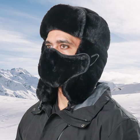 Winter Fur Hat with Removable Face Mask Fuzzy Russian Ushaka Furry Trapper Hat with Ear Flaps for Women Men Skiing Hiking in Saudi Arabia
