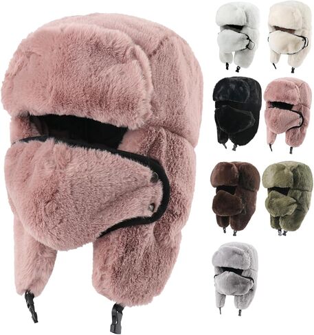 Winter Fur Hat with Removable Face Mask Fuzzy Russian Ushaka Furry Trapper Hat with Ear Flaps for Women Men Skiing Hiking in Saudi Arabia