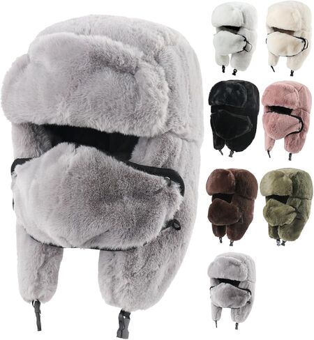 Winter Fur Hat with Removable Face Mask Fuzzy Russian Ushaka Furry Trapper Hat with Ear Flaps for Women Men Skiing Hiking in Saudi Arabia