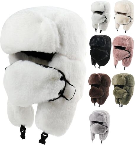 Winter Fur Hat with Removable Face Mask Fuzzy Russian Ushaka Furry Trapper Hat with Ear Flaps for Women Men Skiing Hiking in Saudi Arabia