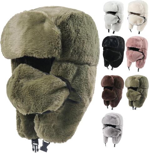 Winter Fur Hat with Removable Face Mask Fuzzy Russian Ushaka Furry Trapper Hat with Ear Flaps for Women Men Skiing Hiking in Saudi Arabia