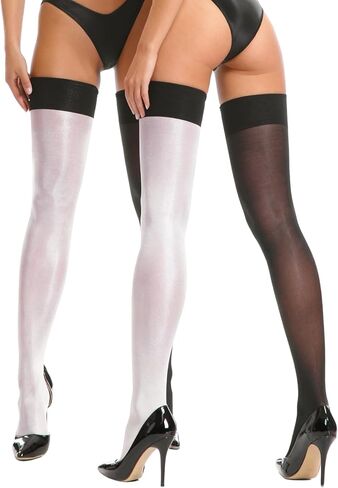 2 Pairs Oily Shiny Thigh High Stockings Sheer Antiskid Pantyhose Shiny Stay Up Silk Stockings for Dating in Saudi Arabia