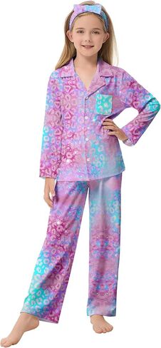 CARETOO Girls Pajamas Satin Long Sleeve Long Pants with Headband Pajama Set Kids Cute Button down Sleepwear 4-12Y in Kuwait
