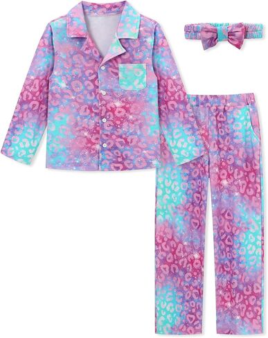 CARETOO Girls Pajamas Satin Long Sleeve Long Pants with Headband Pajama Set Kids Cute Button down Sleepwear 4-12Y in Saudi Arabia