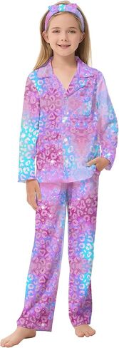 CARETOO Girls Pajamas Satin Long Sleeve Long Pants with Headband Pajama Set Kids Cute Button down Sleepwear 4-12Y in Saudi Arabia