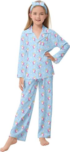 CARETOO Girls Pajamas Satin Long Sleeve Long Pants with Headband Pajama Set Kids Cute Button down Sleepwear 4-12Y in Saudi Arabia