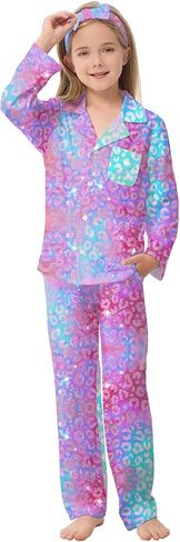 CARETOO Girls Pajamas Satin Long Sleeve Long Pants with Headband Pajama Set Kids Cute Button down Sleepwear 4-12Y in Saudi Arabia