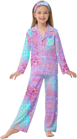 CARETOO Girls Pajamas Satin Long Sleeve Long Pants with Headband Pajama Set Kids Cute Button down Sleepwear 4-12Y in Saudi Arabia