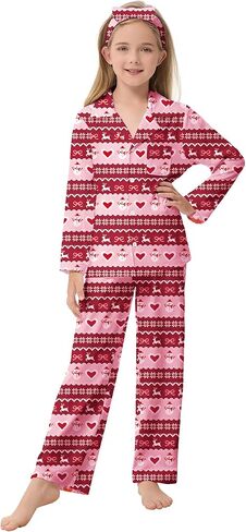 CARETOO Girls Pajamas Satin Long Sleeve Long Pants with Headband Pajama Set Kids Cute Button down Sleepwear 4-12Y in Saudi Arabia