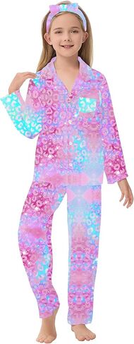 CARETOO Girls Pajamas Satin Long Sleeve Long Pants with Headband Pajama Set Kids Cute Button down Sleepwear 4-12Y in Saudi Arabia