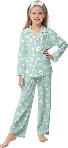 CARETOO Girls Pajamas Satin Long Sleeve Long Pants with Headband Pajama Set Kids Cute Button down Sleepwear 4-12Y in Saudi Arabia