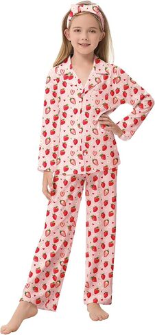 CARETOO Girls Pajamas Satin Long Sleeve Long Pants with Headband Pajama Set Kids Cute Button down Sleepwear 4-12Y in Saudi Arabia