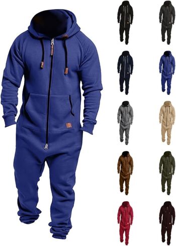 Men's Sleepwear Fleece Lined Hooded Jumpsuit Zip Up Pajamas Loungewear Jogger Sweatsuit Overall Romper Sleepwear in Saudi Arabia