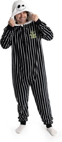 Disney The Nightmare Before Christmas Jack Skellington Unisex Black Onesie | Hooded Zip-Up Loungewear in Striped Fleece in Kuwait