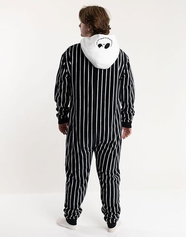 Disney The Nightmare Before Christmas Jack Skellington Unisex Black Onesie | Hooded Zip-Up Loungewear in Striped Fleece in Kuwait