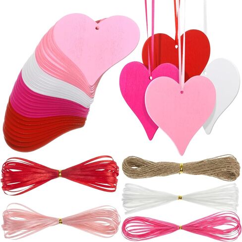 24 Pieces Valentine‘s Day Heart Wooden Ornament Heart Slices Embellishments Wood Love Shaped Decorative Hanging Tags with Twine and Ribbon for Valentine‘s Day Wedding Party in Saudi Arabia