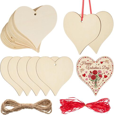 24 Pieces Valentine‘s Day Heart Wooden Ornament Heart Slices Embellishments Wood Love Shaped Decorative Hanging Tags with Twine and Ribbon for Valentine‘s Day Wedding Party in Saudi Arabia