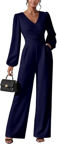 Jumpsuits for Women Dressy V Neck Long Sleeve Wide Leg Pant Ropmer Party Wedding Cocktail One Piece Outfits with Pockets in Saudi Arabia