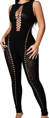 بذلة شبكية مثيرة للنساء، بدلة قطعة واحدة من شبكة صيد السمك على شكل نمر بدون أكمام، بدلة سوداء للنادي in Kuwait