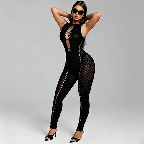 بذلة شبكية مثيرة للنساء، بدلة قطعة واحدة من شبكة صيد السمك على شكل نمر بدون أكمام، بدلة سوداء للنادي in Kuwait