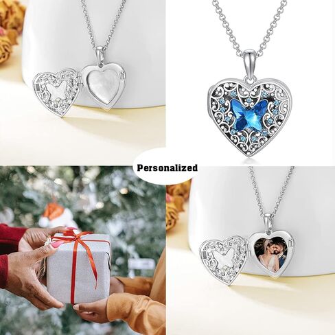 Dorunmo Personalized Locket Necklace 925 Sterling Silver that Holds Pictures Butterfly Birthstone Photo Heart Locket Custom Jewelry Congratulations New Beginnings New Job Gifts for Women in Saudi Arabia