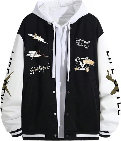 GORGLITTER Men's Graphic Varsity Jacket Oversized Button Down Baseball Long Sleeve Bomber Jacket in Saudi Arabia