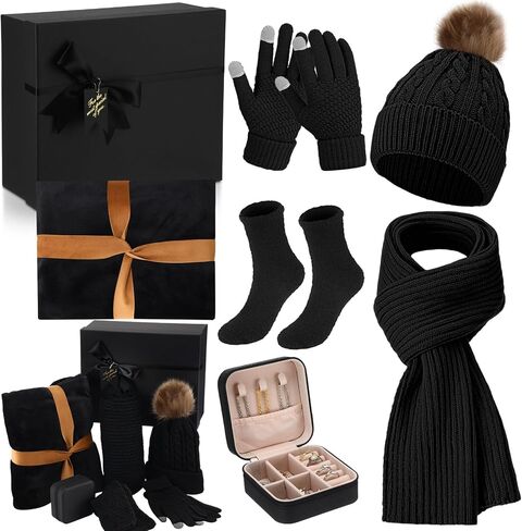 7 Pcs Winter Gift Set for Woman Hat Scarf Gloves Set Throw Blanket Crew Socks Jewelry Box for Xmas Mom Wife Friend in Kuwait