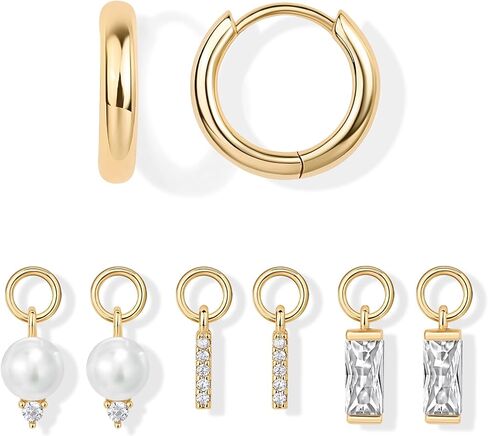 PAVOI 14K Gold Plated Huggie Earring Charms for Women - Mix and Match Huggie Hoop Earrings with Charms Pack - Dangle Dainty Motif Set with Cubic Zirconia, Heart, Cross, Pearl & Evil Eye Jewelry in Saudi Arabia