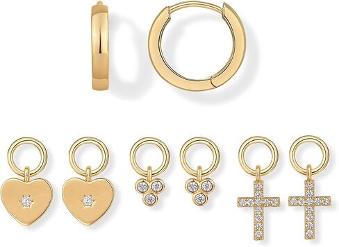 PAVOI 14K Gold Plated Huggie Earring Charms for Women - Mix and Match Huggie Hoop Earrings with Charms Pack - Dangle Dainty Motif Set with Cubic Zirconia, Heart, Cross, Pearl & Evil Eye Jewelry in Saudi Arabia