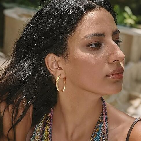 14K الذهب هوب أقراط للنساء العصرية سميكة الملتوية الأطواق القرط غرامة نسج تصميم 14K أقراط الذهب للمرأة القرط مجوهرات للنساء 30MM in Kuwait